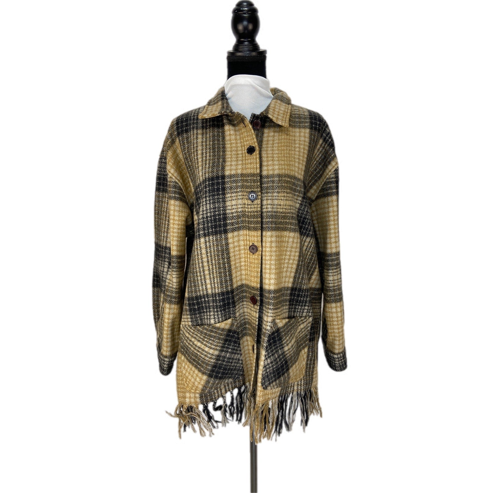 Vintage Wool Blend Plaid Oversized Long Fringe Shacket - Women's Size XL