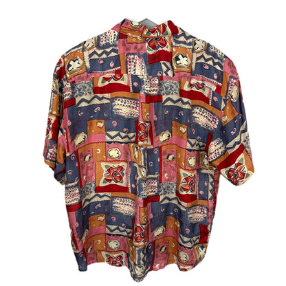 Vintage Silk Abstract Pattern Short Sleeve Button Up Shirt - Women's Size XL