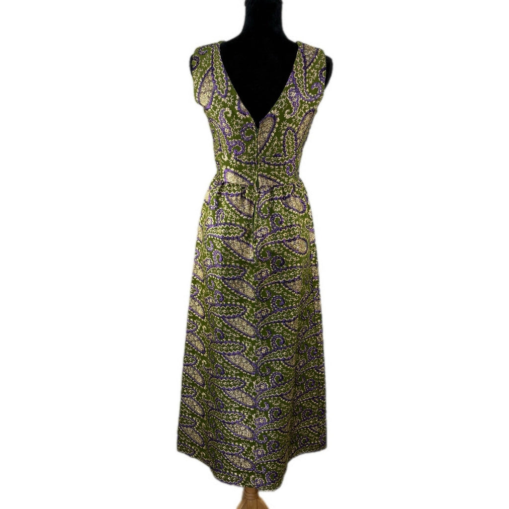 Vintage 60s Malihini Green Gold Embroidered Long Sleeveless Dress - Women's 8
