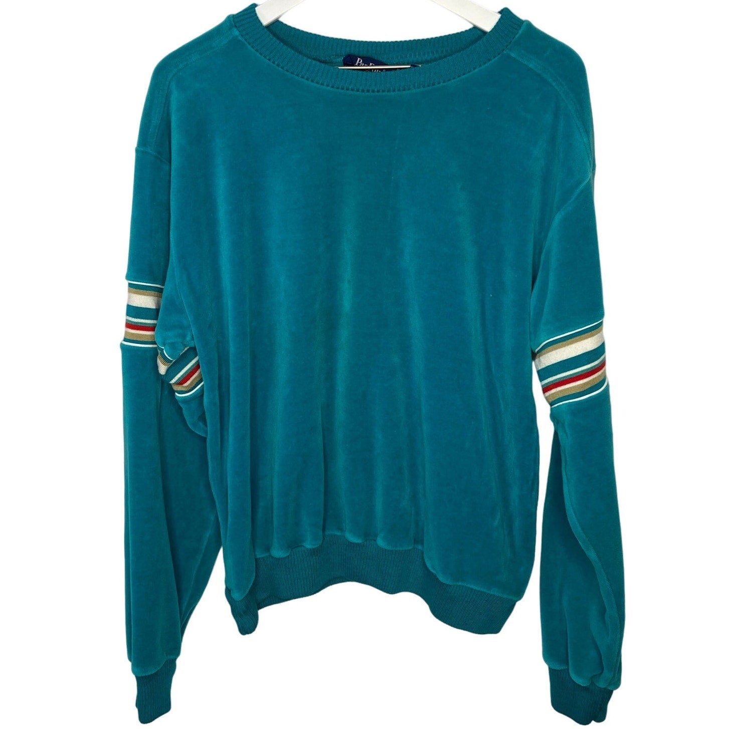 Vintage Teal Velour Striped Sleeve Grandpa Sweater - Men's Size L