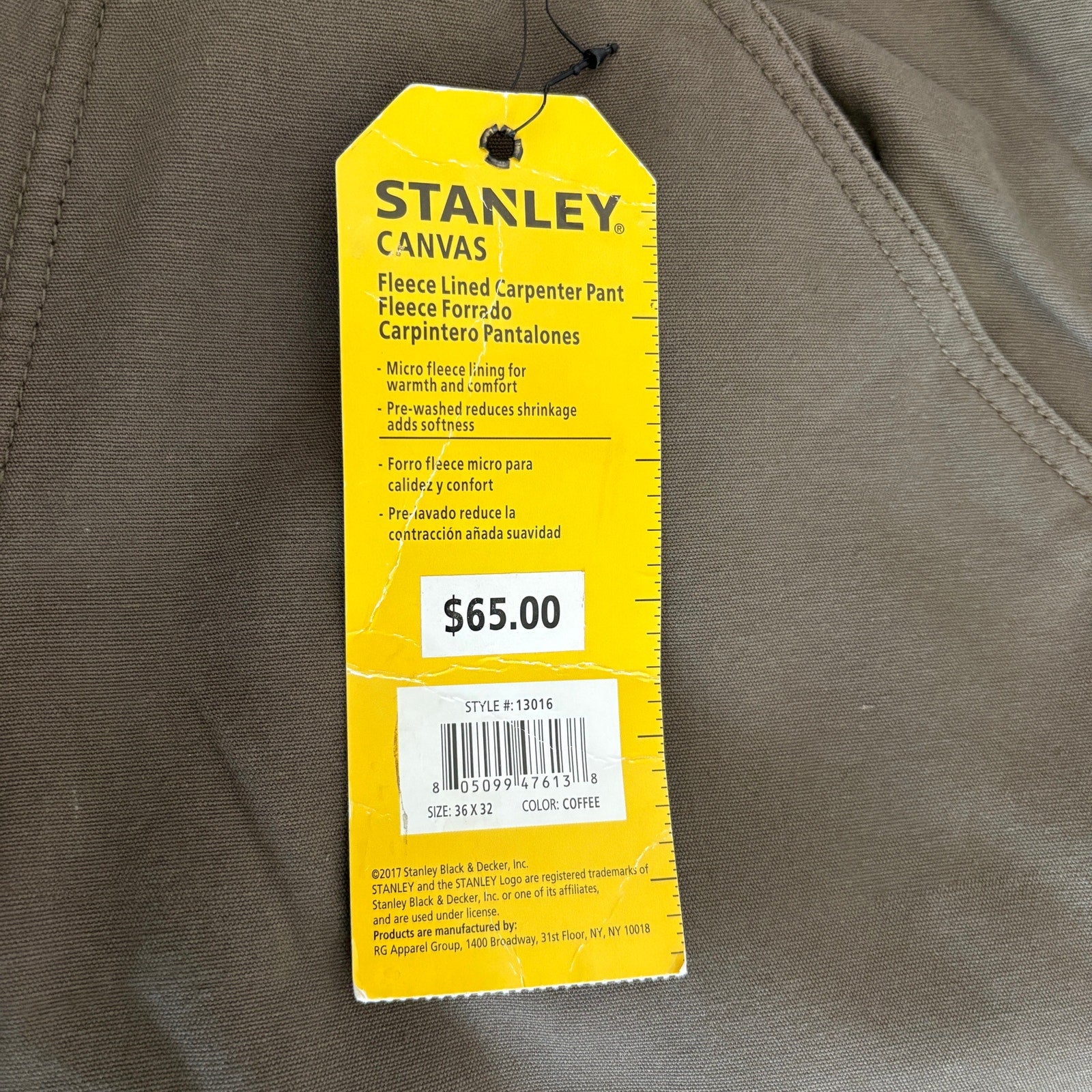 Stanley Fleece Lined Canvas Carpenter Pant in Coffee NWT - Men's Size 36x32