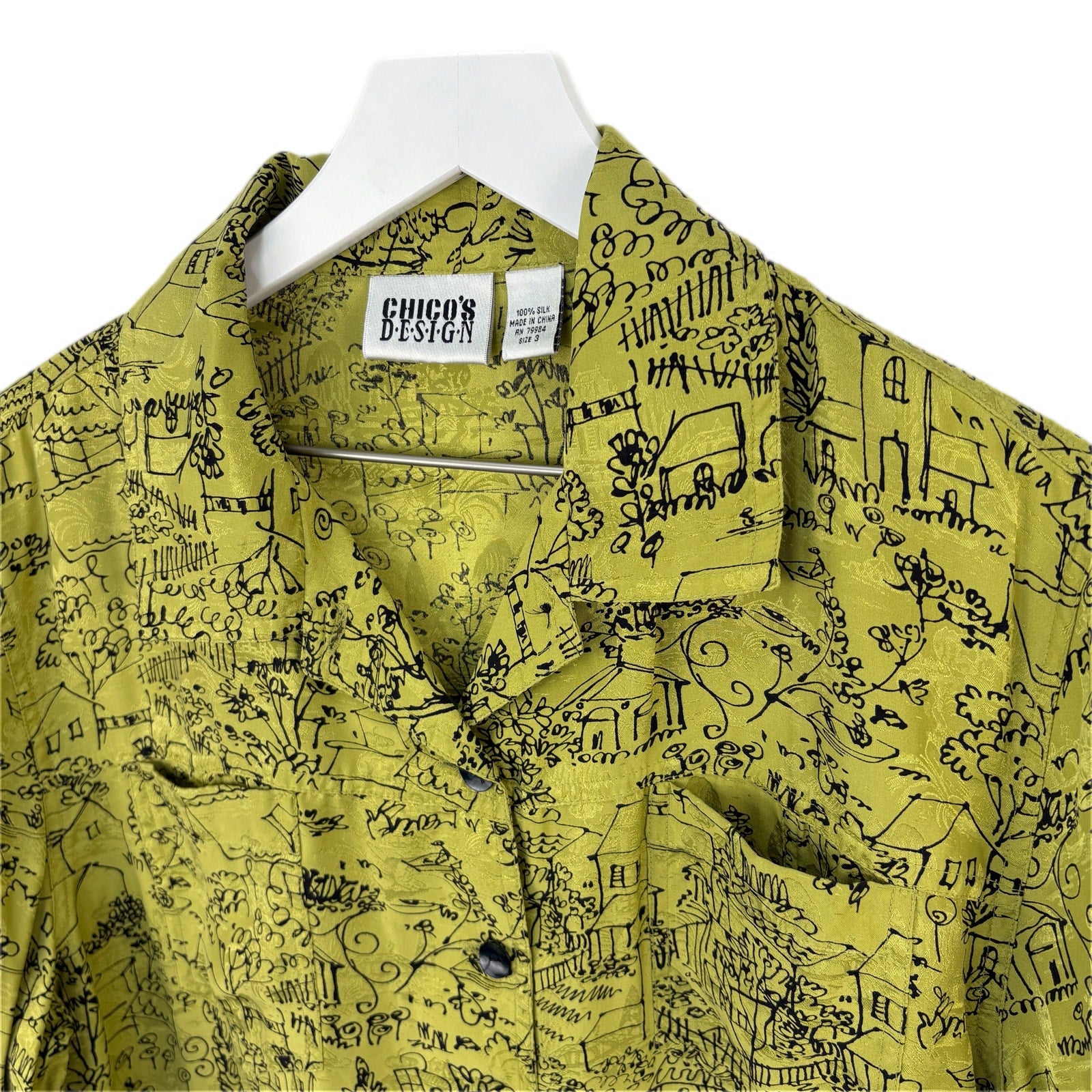 Chico's Green Printed Silk Button Up Blouse - Women's Size XL