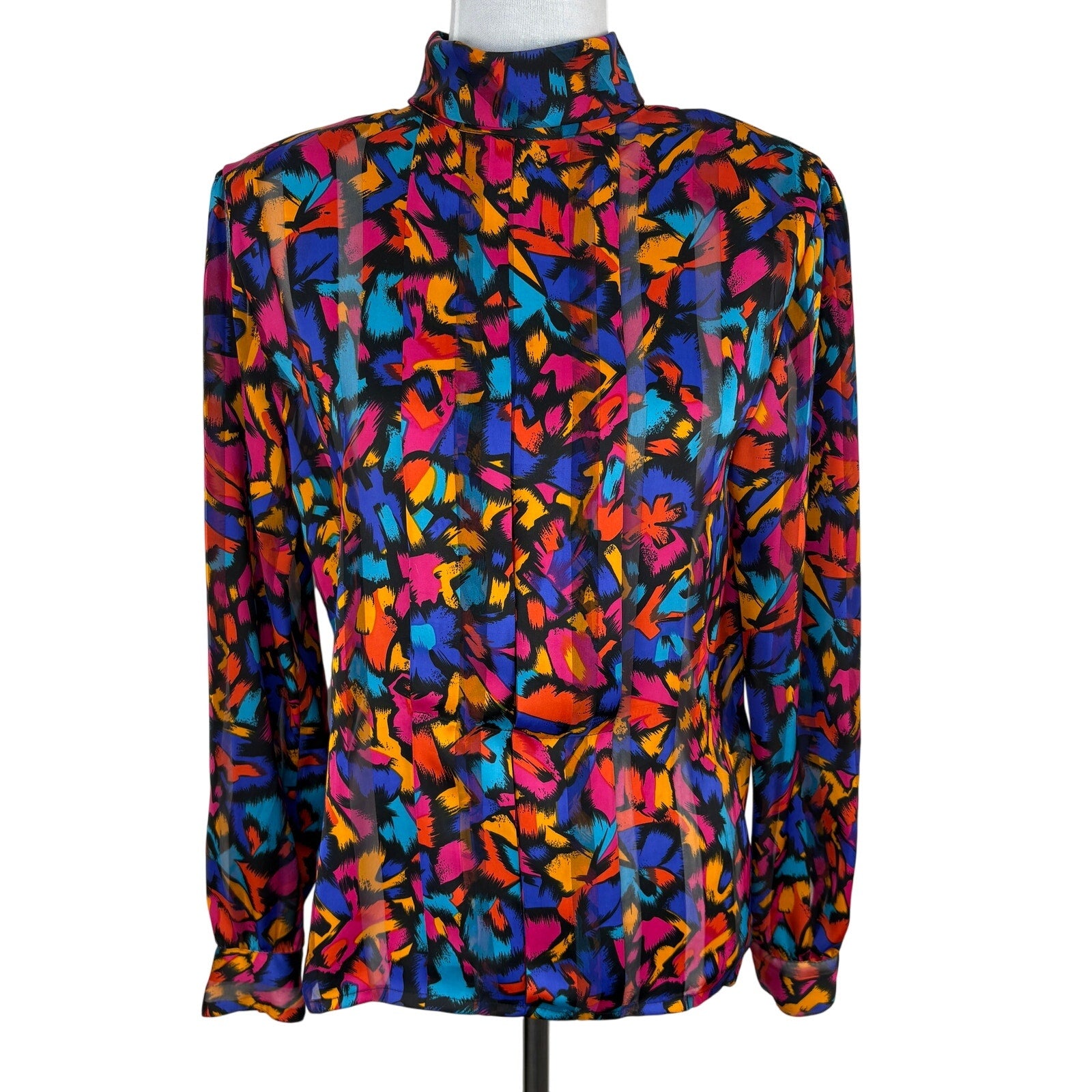 Vintage Bright Color Abstract Pattern High Neck Blouse - Women's Size 8