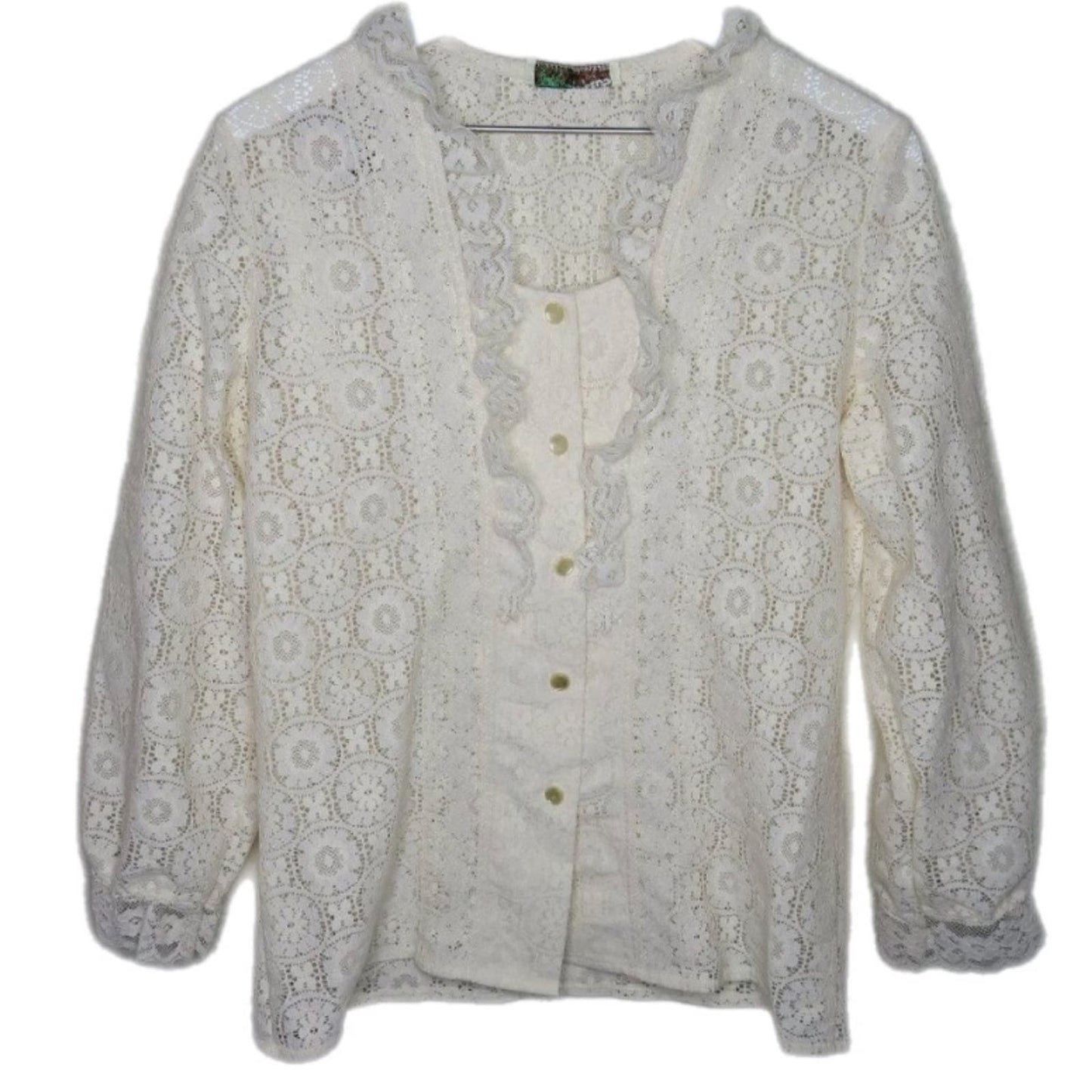 Vintage Cream Lace Ruffle Western Style Button Up Shirt - Women's Small