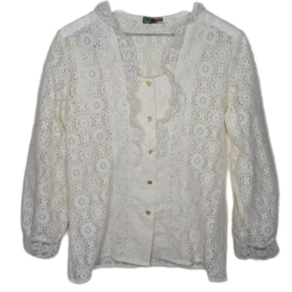 Vintage Cream Lace Ruffle Western Style Button Up Shirt - Women's Small