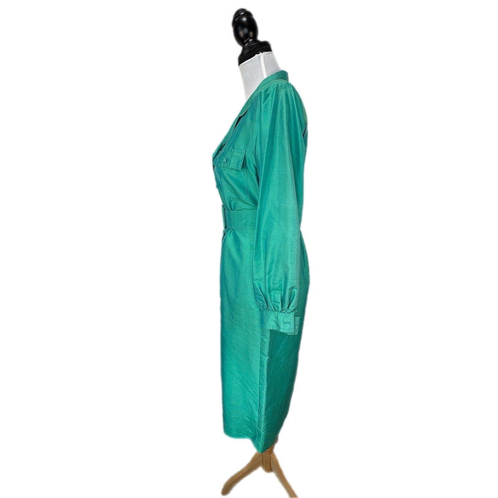 Bogies Thai Silk Green Shirt Dress Matching Belt - Women's Size Small