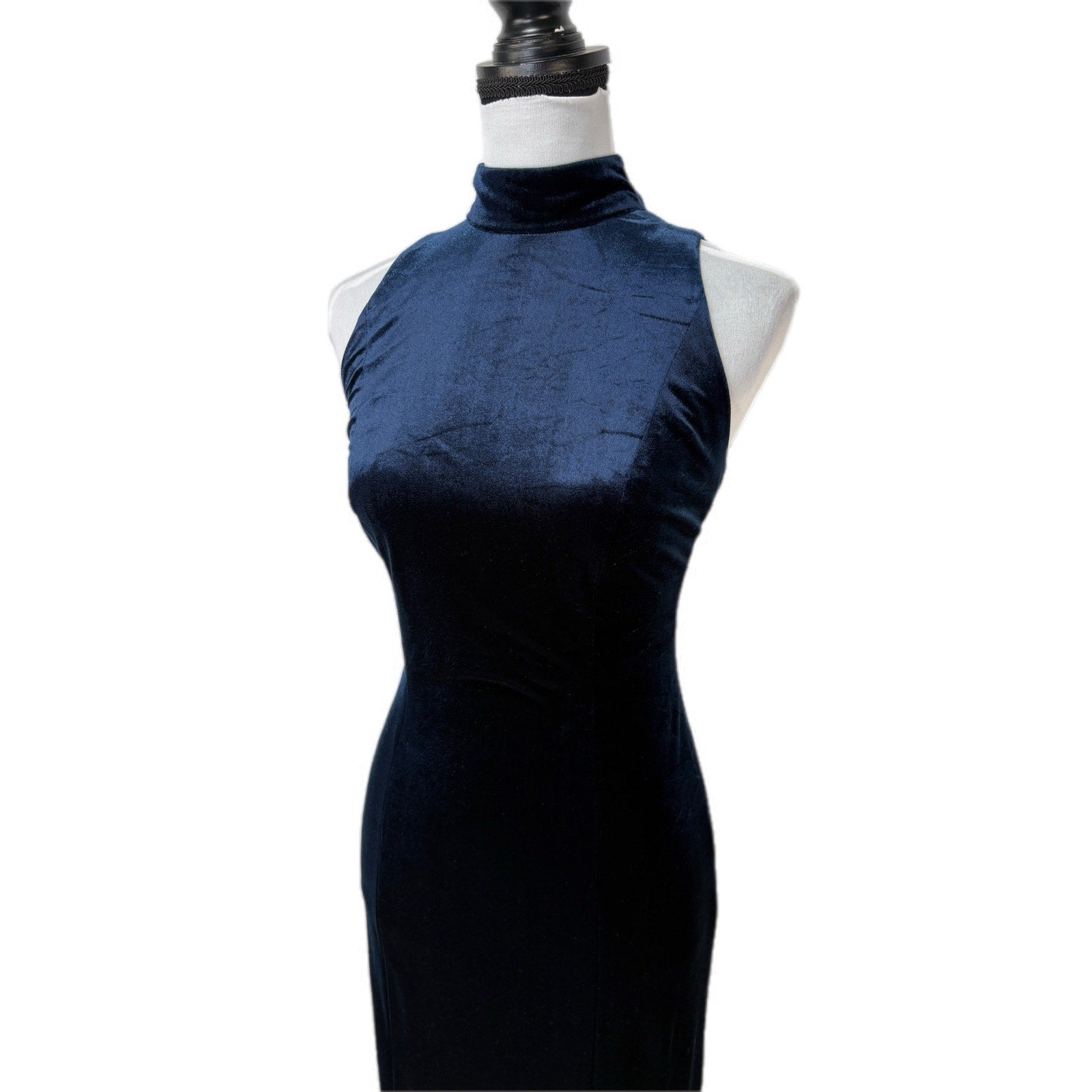 Vintage Blue Velvet Long Halter Formal Dress - Women's Size 8
