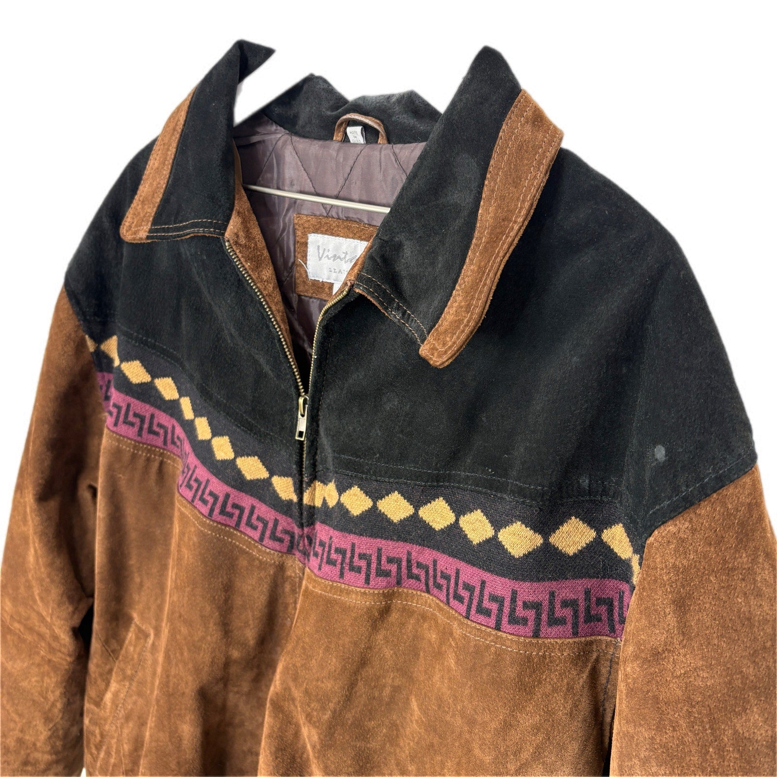 Vintage Leather Brand Two Tone Suede Geo Pattern Stripe Jacket - Men's Size XL
