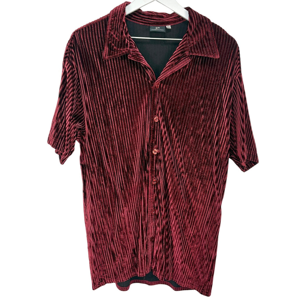 Y2K Burgundy Velvet Stripe Short Sleeve Shirt - Men's Size XL