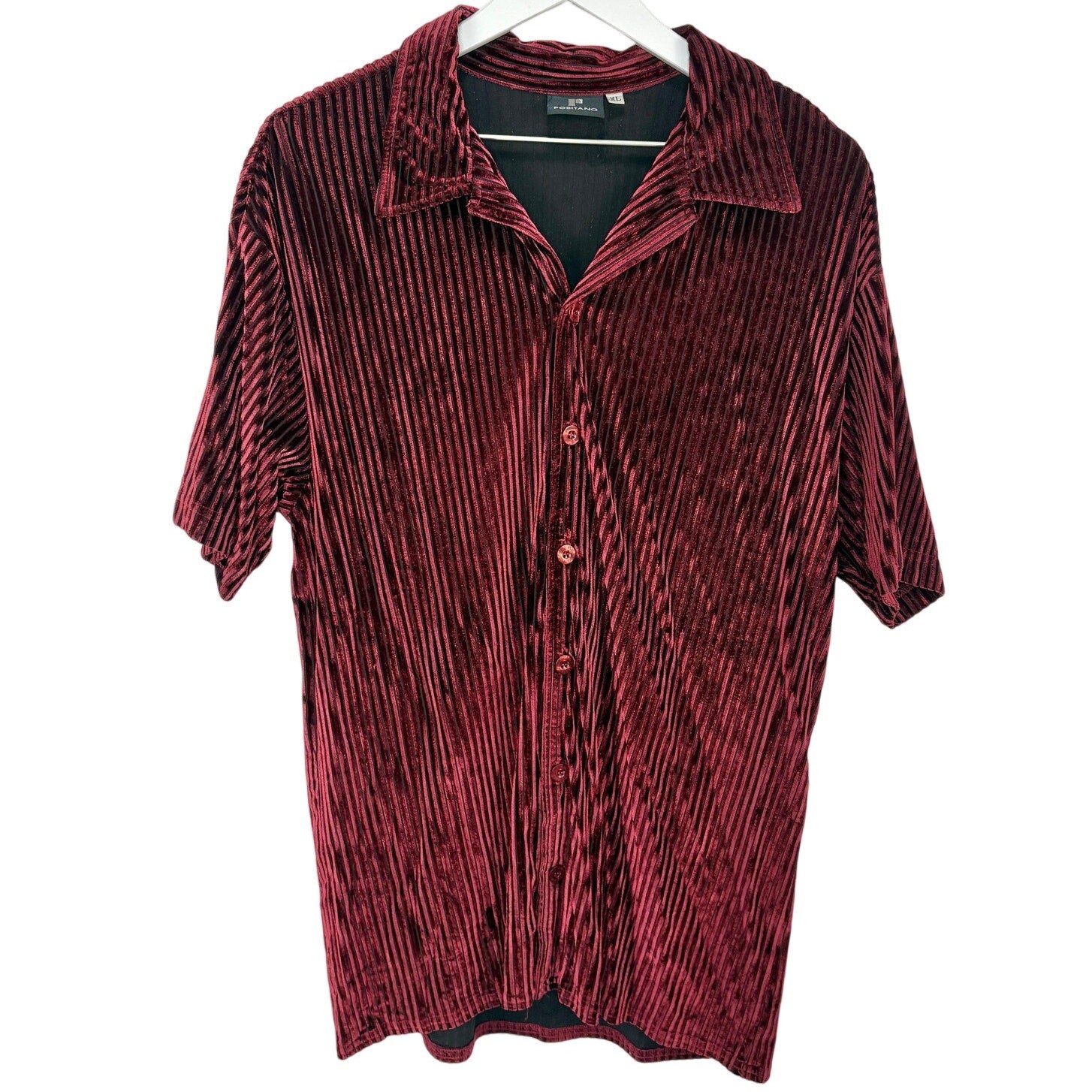 Y2K Burgundy Velvet Stripe Short Sleeve Shirt - Men's Size XL