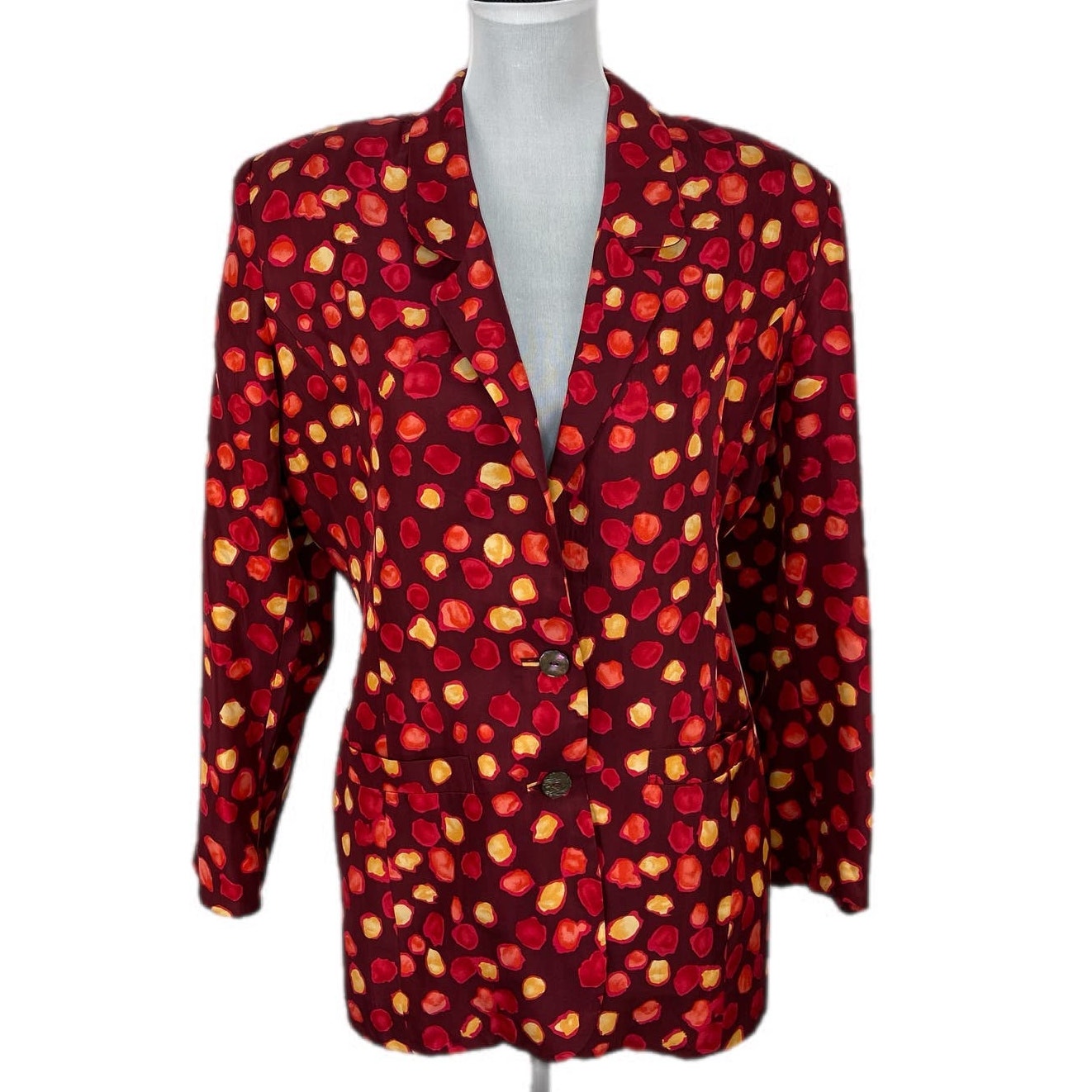 Vintage Flora Kung Red Silk Distorted Dot Patterned Blazer - Women's Size 12
