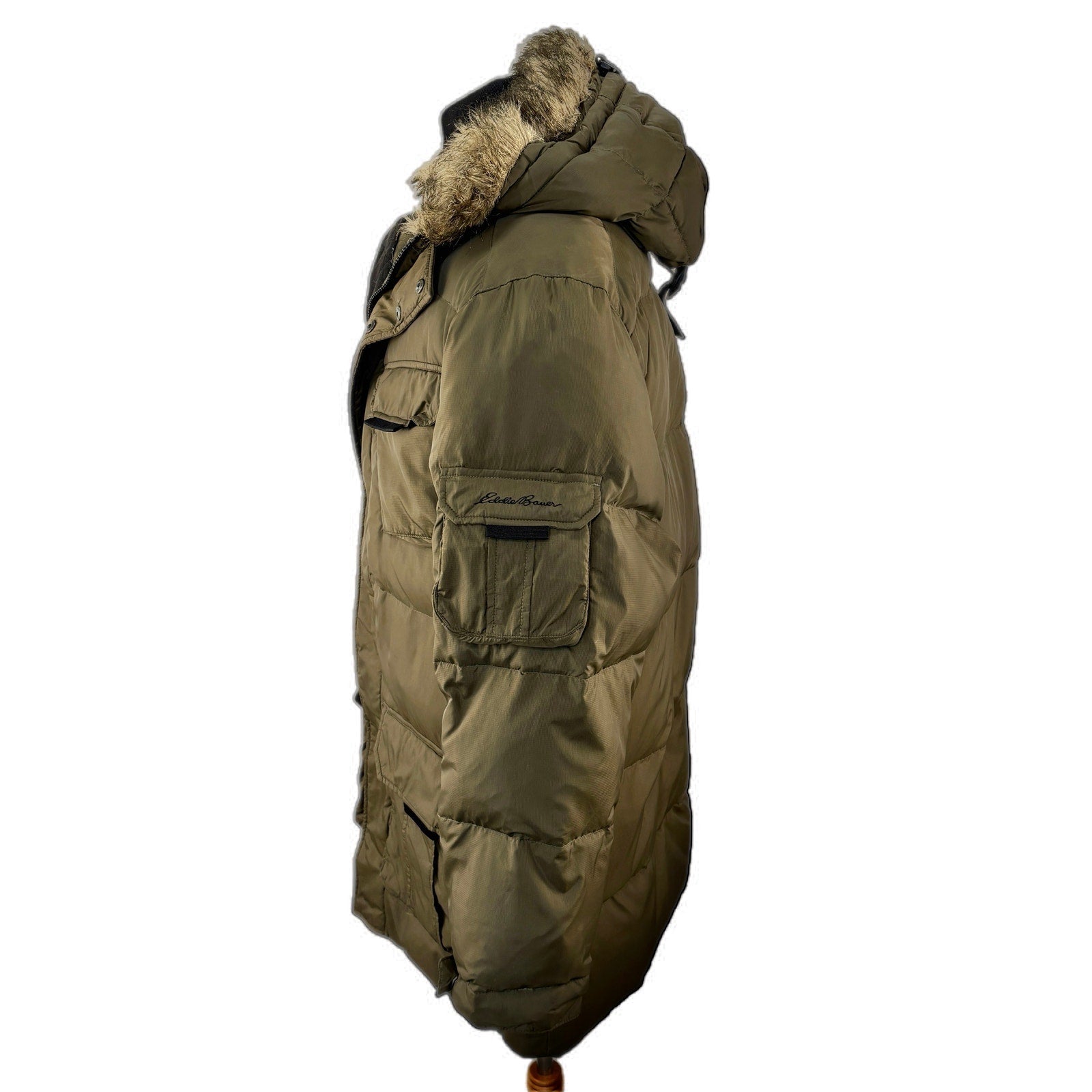 Eddie Bauer Dark Green Quilted Nylon Goose Down Coat - Men's Size M