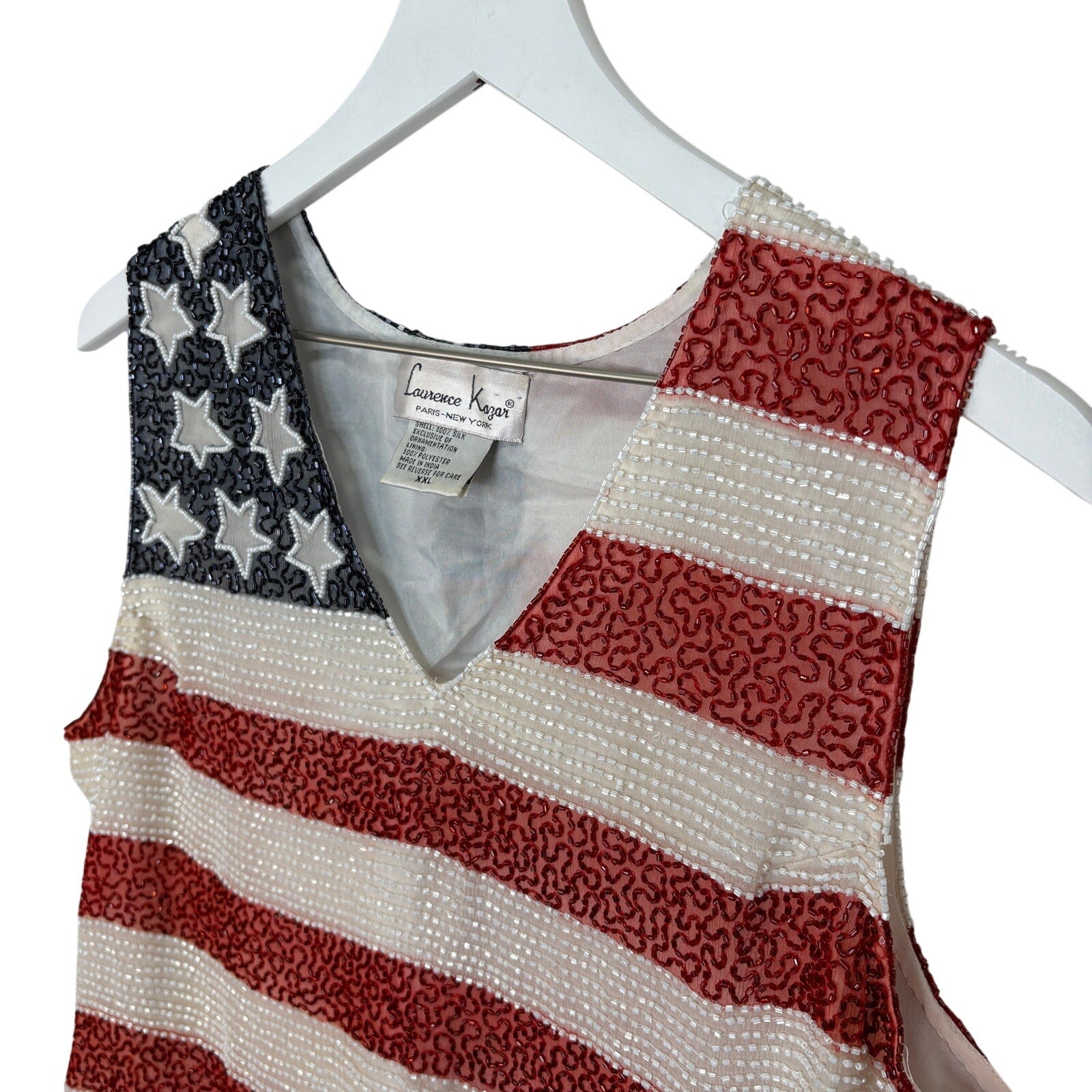 Laurence Kazar Silk Beaded American Flag Stars and Stripes Tank - Women's XXL