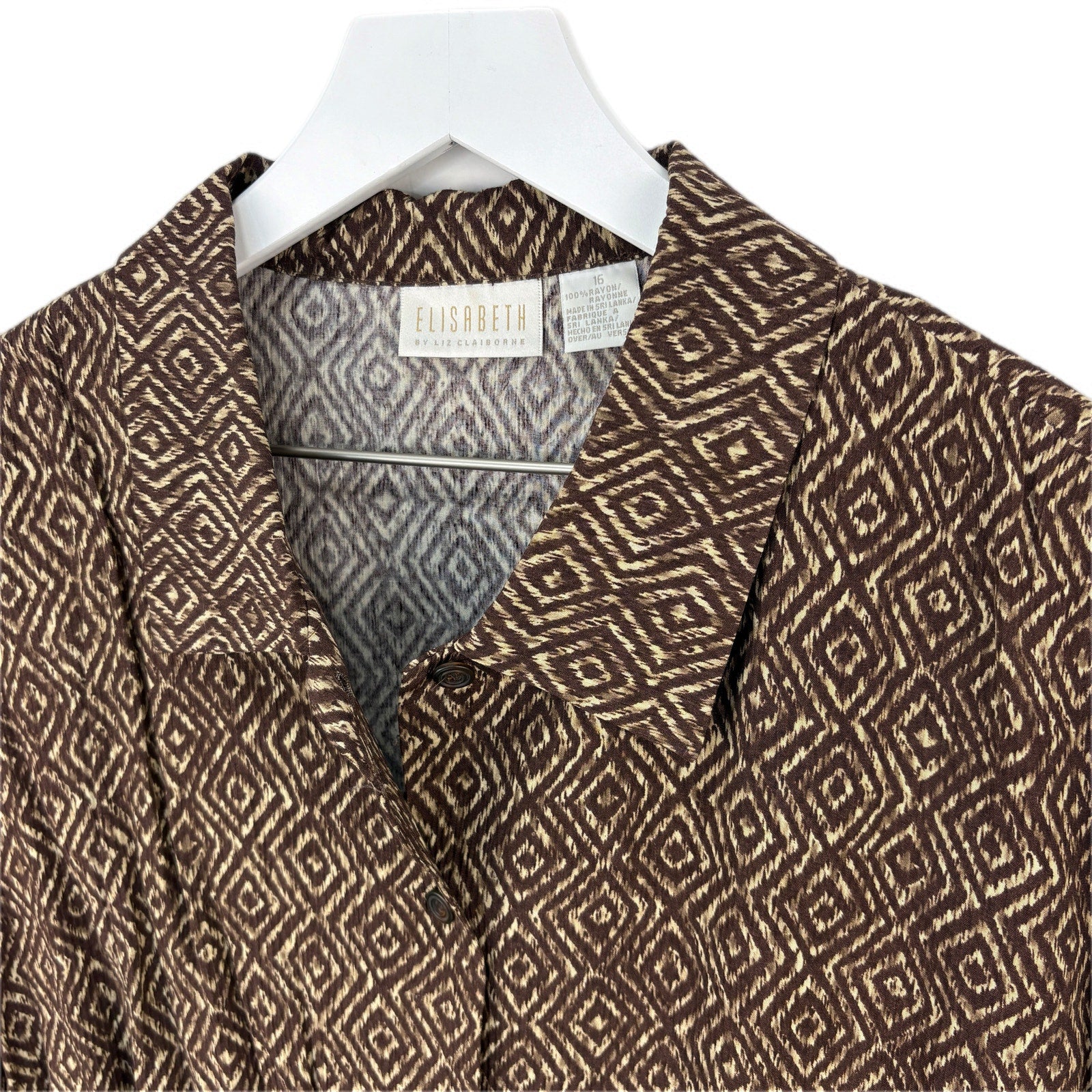 Vintage Brown Diamond Pattern Short Sleeve Button Up Shirt - Women's 16