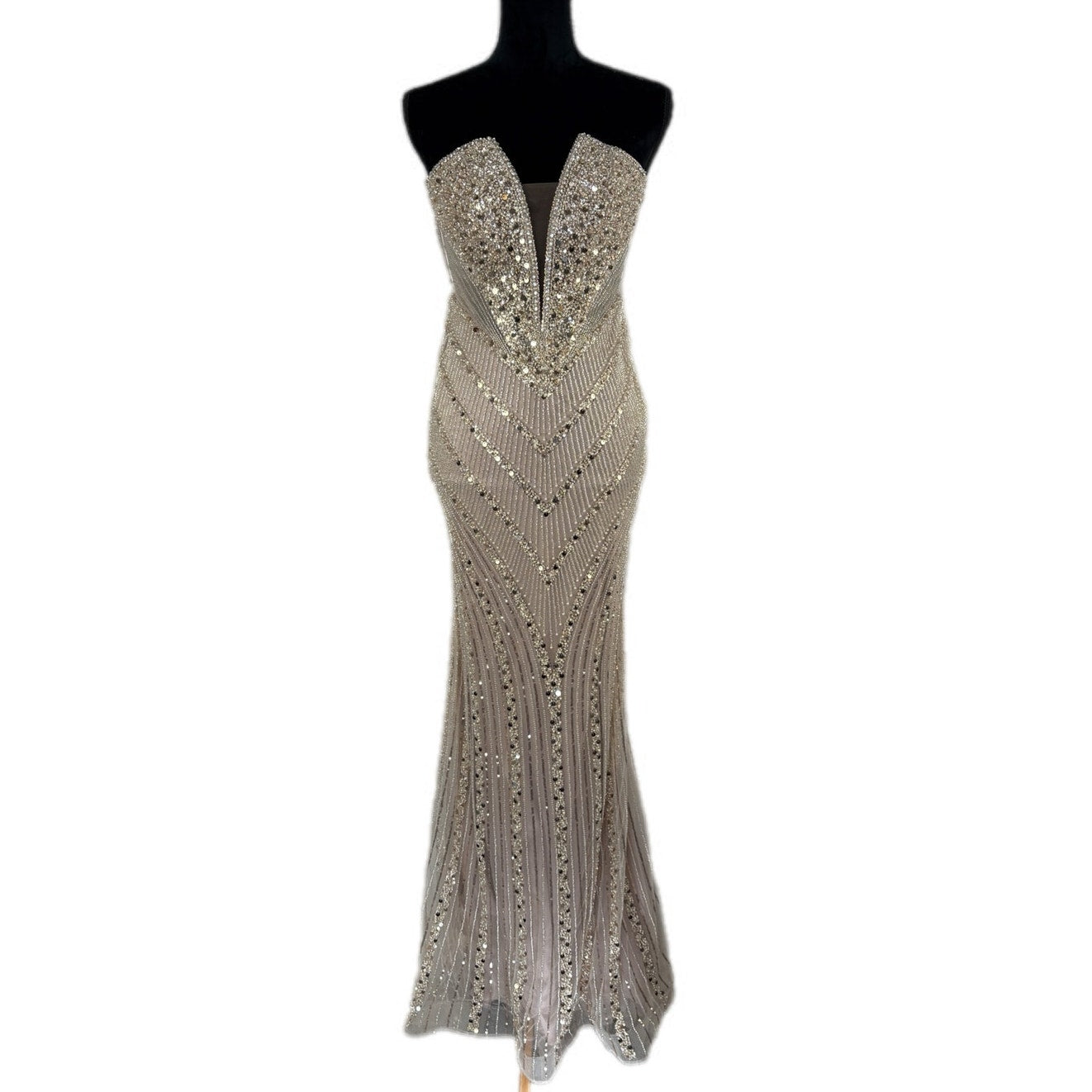 Ladivine Strapless Fitted Beaded Gown in Champagne CD0216 - Women's Size 4