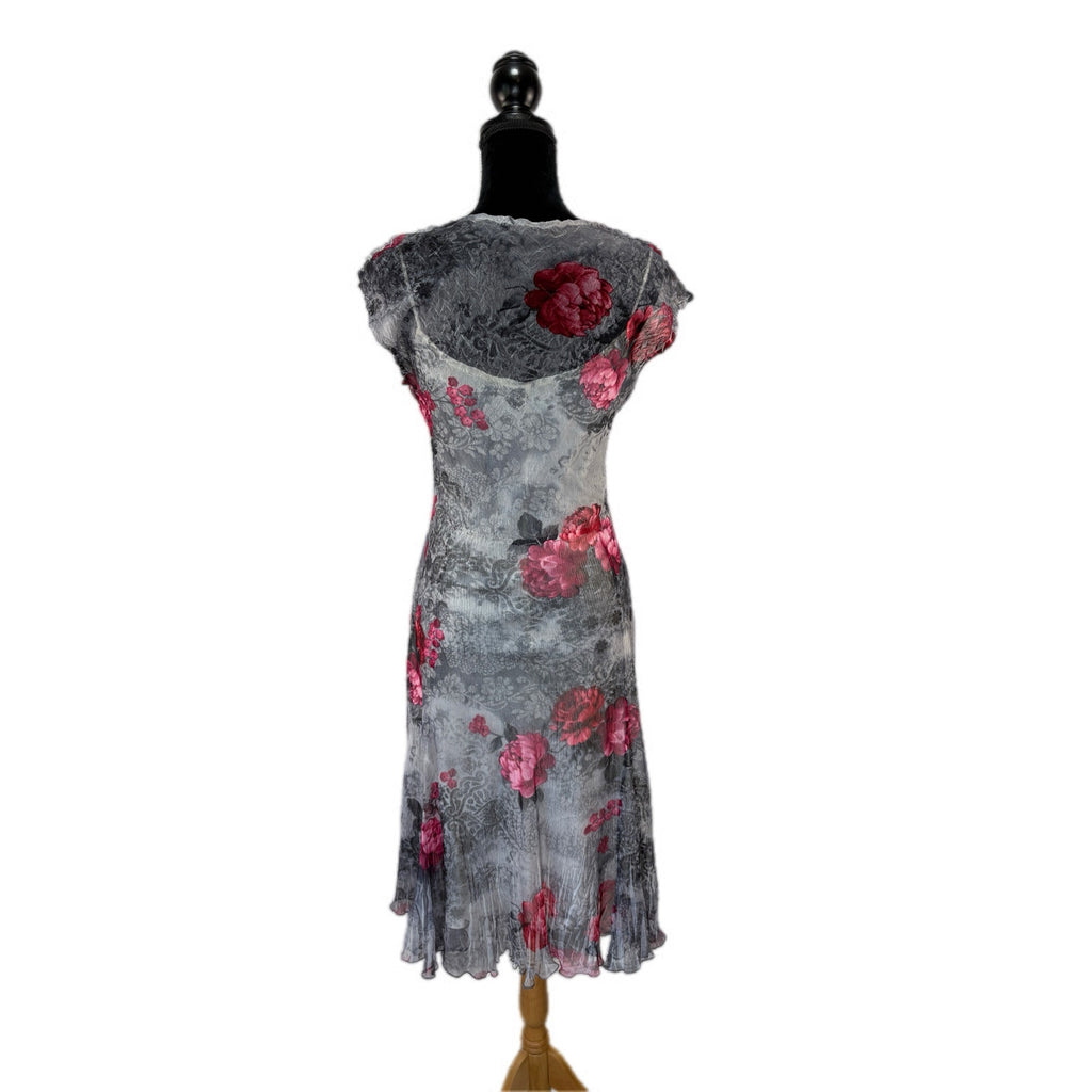 Metallic Rose Pattern Crinkle Fabric Midi Dress - Women's Size M