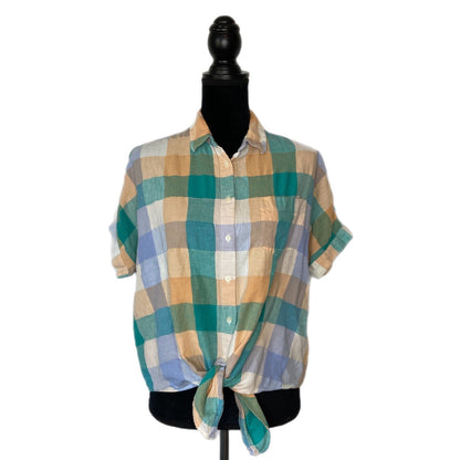 Madewell Cotton Linen Blend Crop Tie Front Plaid Shirt - Women's Size M