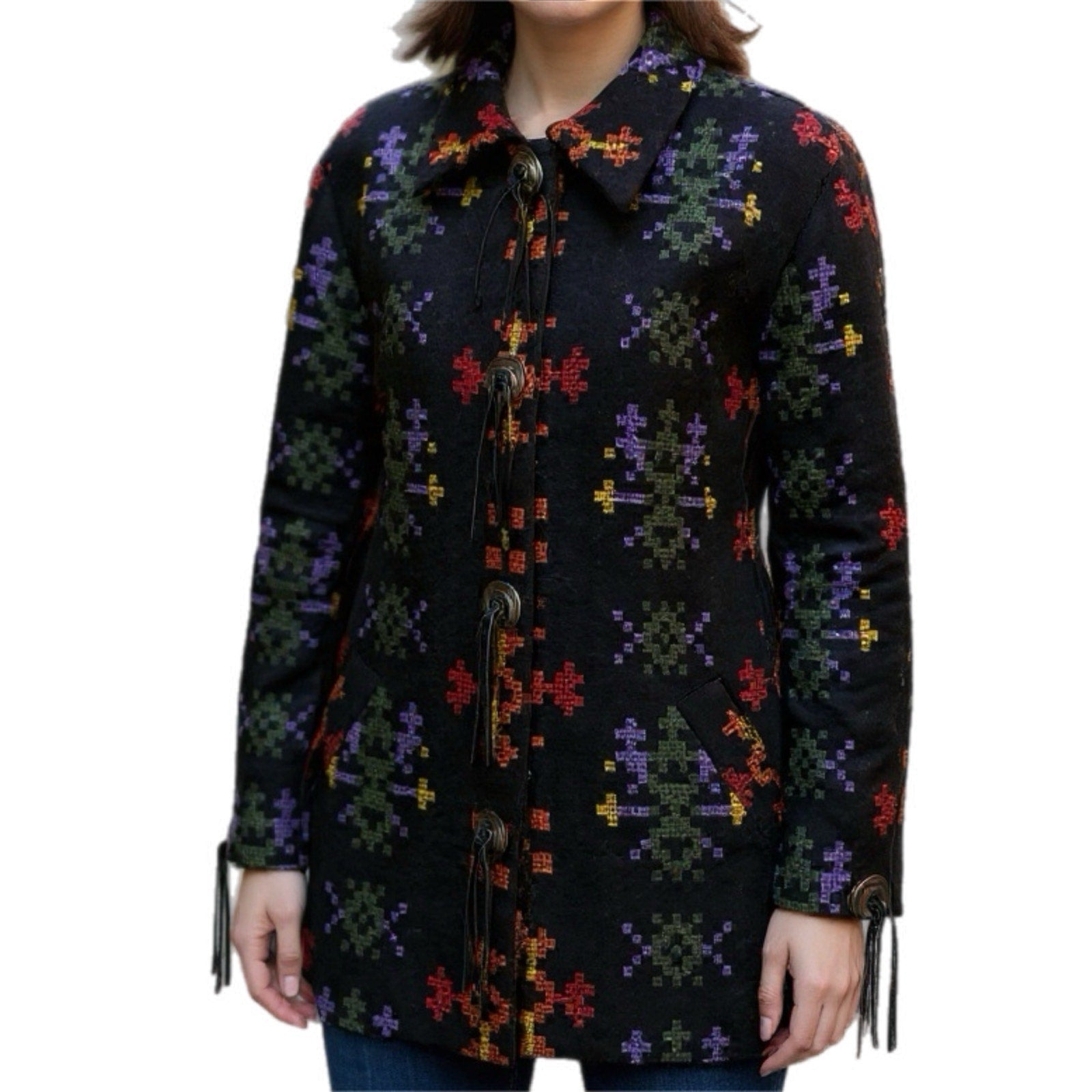 American Vintage Wool Blend Southwest Pattern Fringe Button Coat - Women's 14
