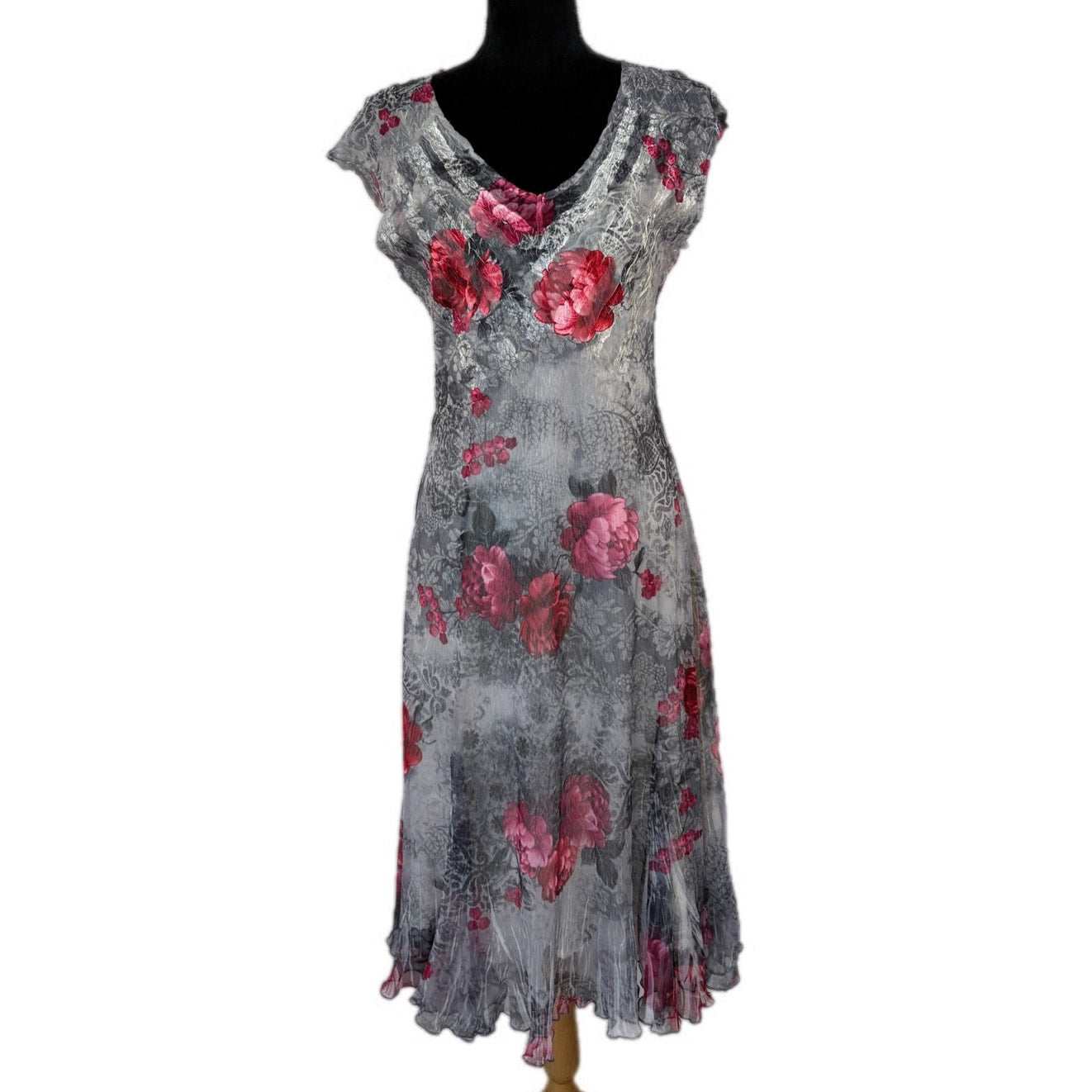 Metallic Rose Pattern Crinkle Fabric Midi Dress - Women's Size M
