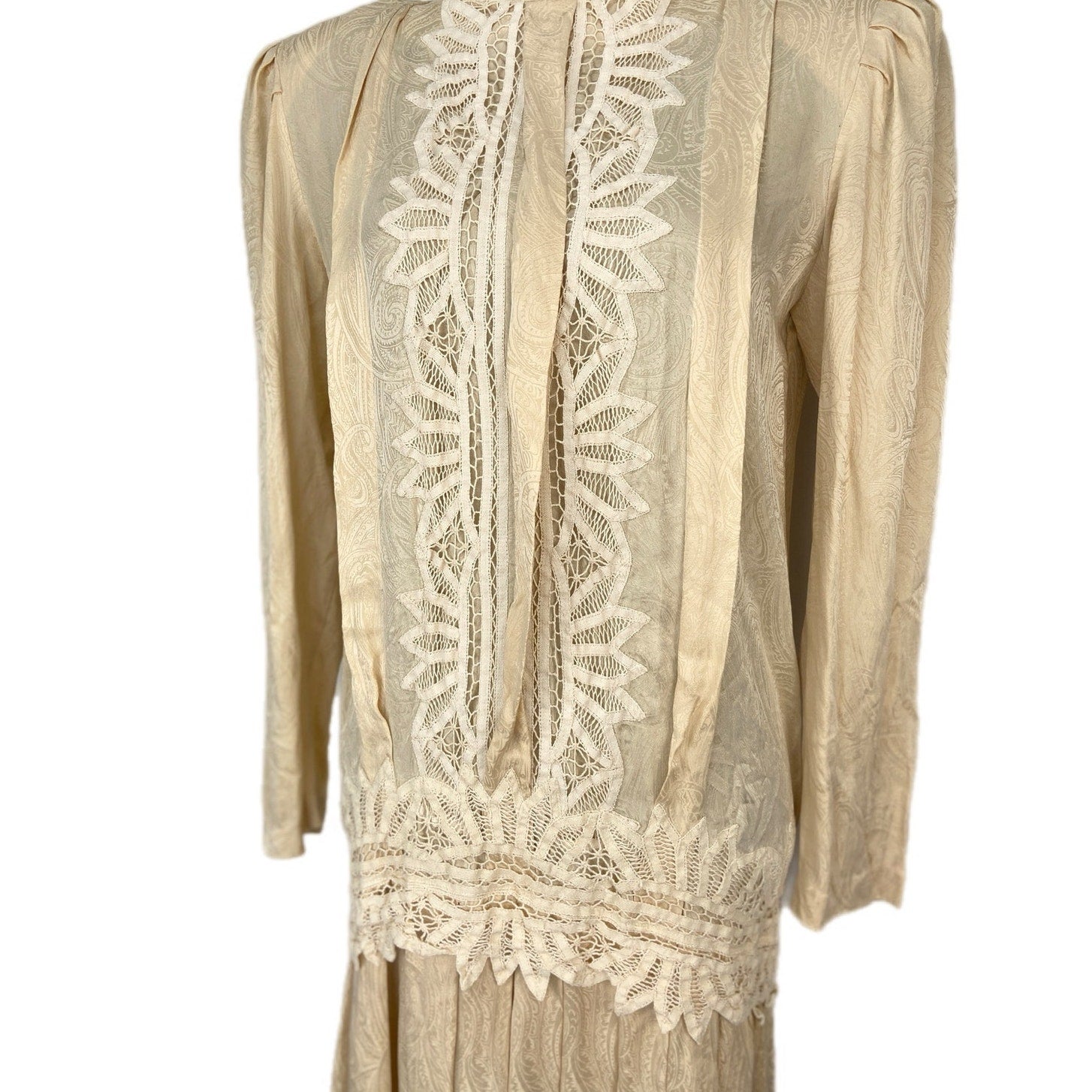 Vintage Butter Yellow Silk Damask Drop Waist 20's Style Dress - Women's Size 10