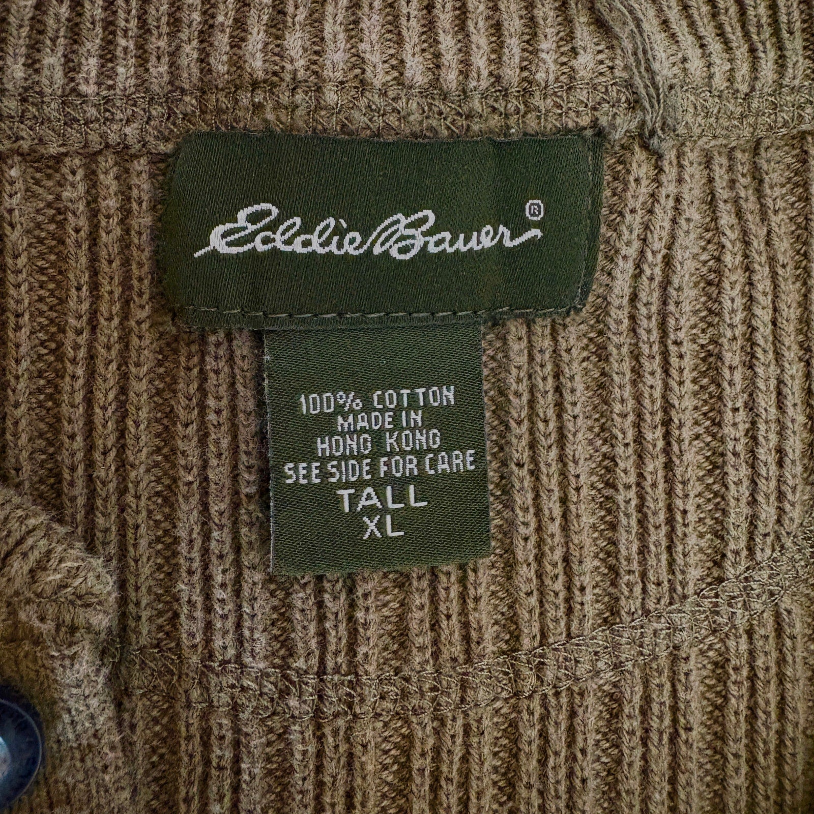 Vintage Eddie Bauer Moss Green Cotton Henley Sweater - Men's Size XL Tall