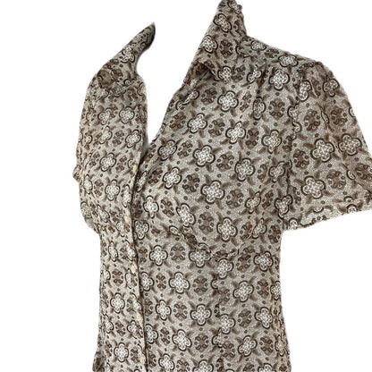 Sheer Paisley Ruffle Hem Short Sleeve Button Up Shirt - Women's Size L