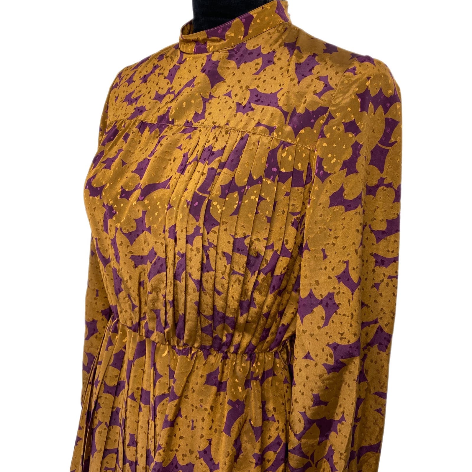 Vintage Floral Print Pleated Gold Fleck Dress - Women's Small