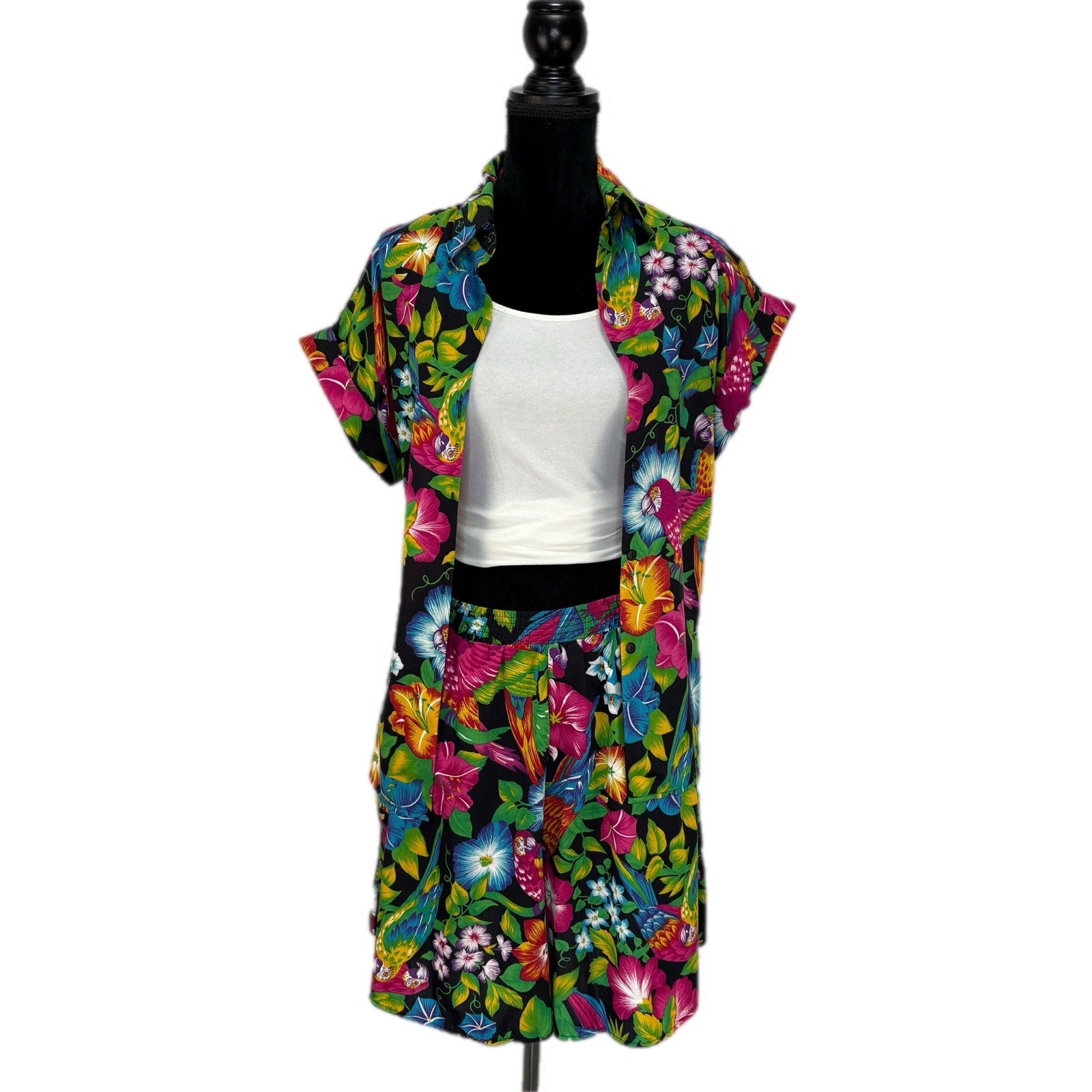 Vintage Floral Hawaiian Print 2 Piece Short Set - Women's Size 12/14