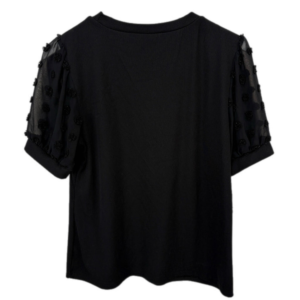 Black Ribbed Short Sheer Sleeve Top - Women's Size L