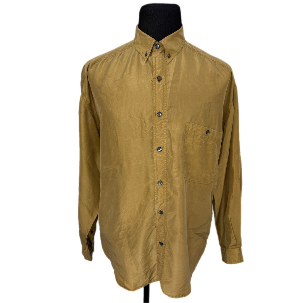 Y2K Gold Silk Long Sleeve Button Down Shirt - Men's Size L