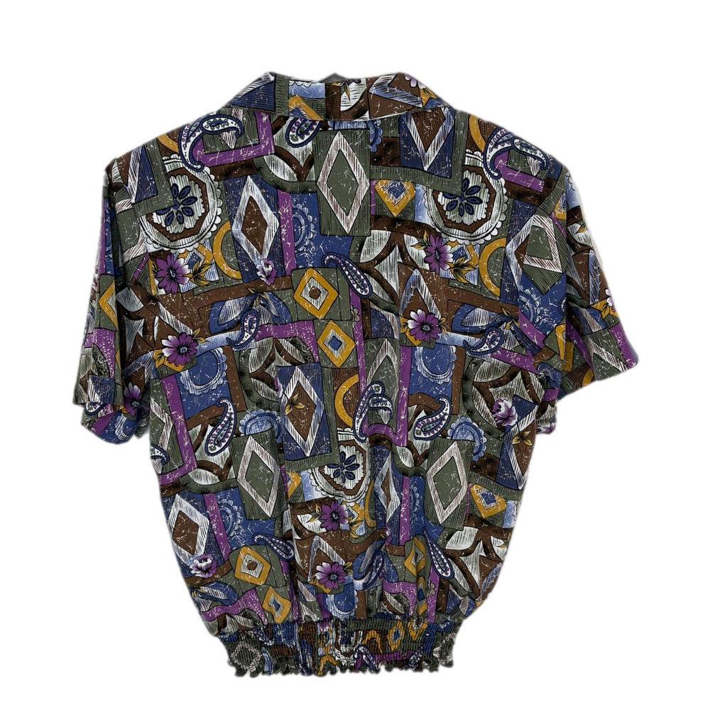 Vintage Paisley Geo Mixed Pattern Gathered Waist Blouse - Women's Size 14