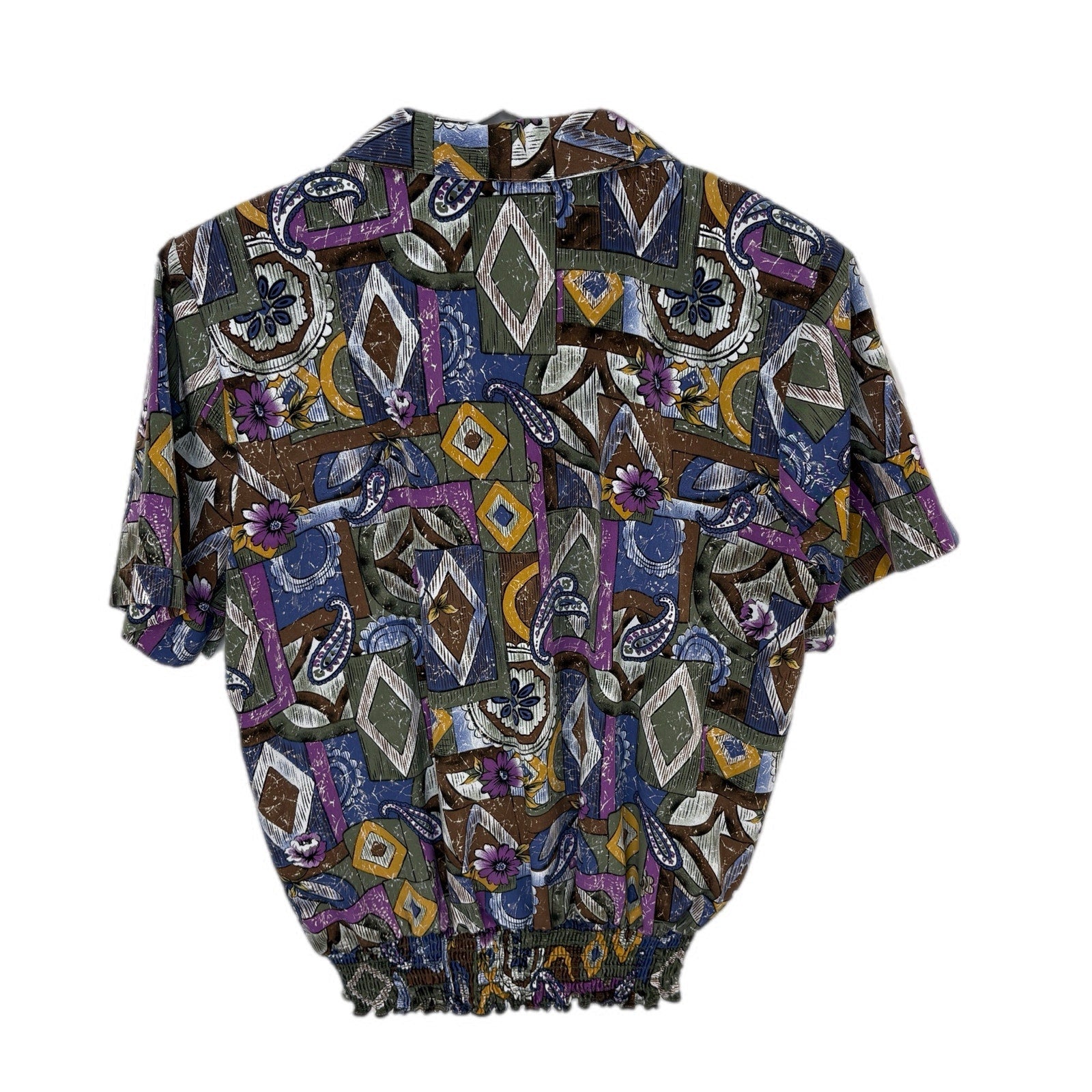 Vintage Paisley Geo Mixed Pattern Gathered Waist Blouse - Women's Size 14