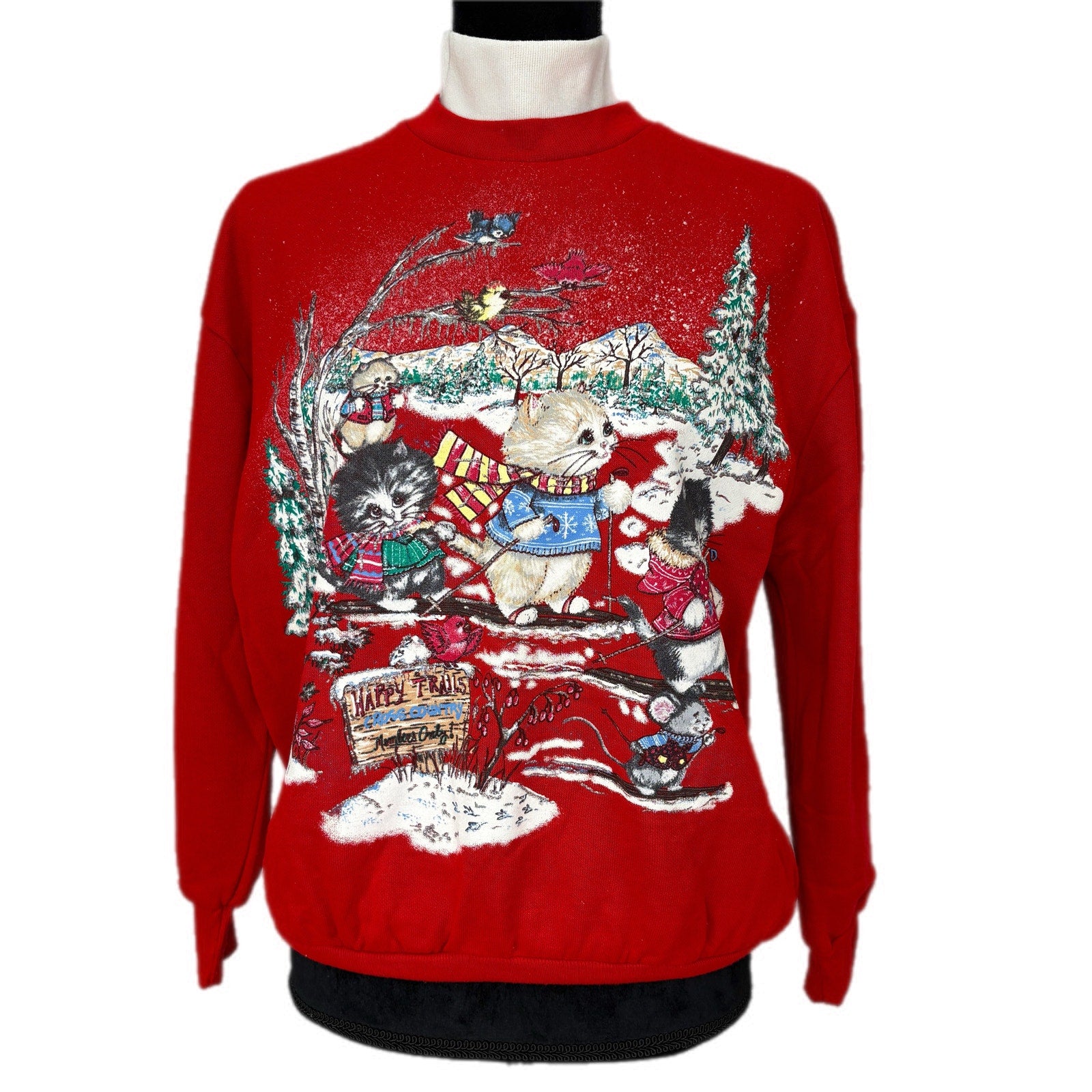 Vintage Cute Kittens Snow Skiing USA Made Mock Neck Sweatshirt - Women's Size S