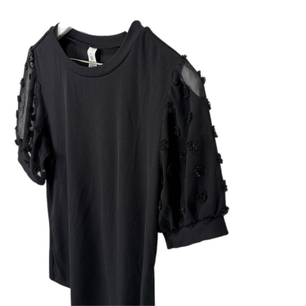 Black Ribbed Short Sheer Sleeve Top - Women's Size L