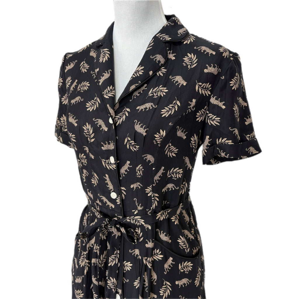 HVN Maria Silk Leaf Print Leopard Short Sleeve Shirt Dress - Women's Size 8