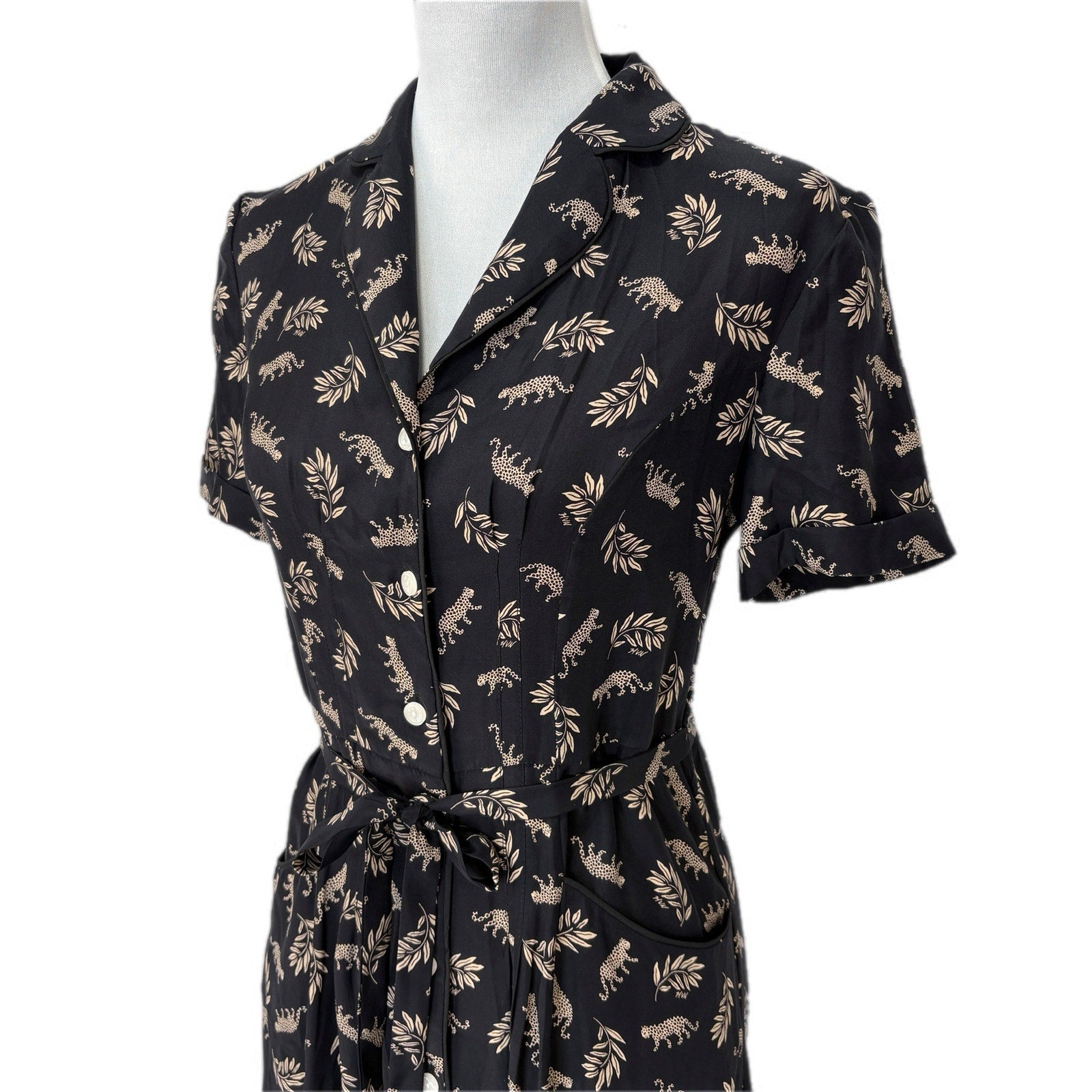 HVN Maria Silk Leaf Print Leopard Short Sleeve Shirt Dress - Women's Size 8