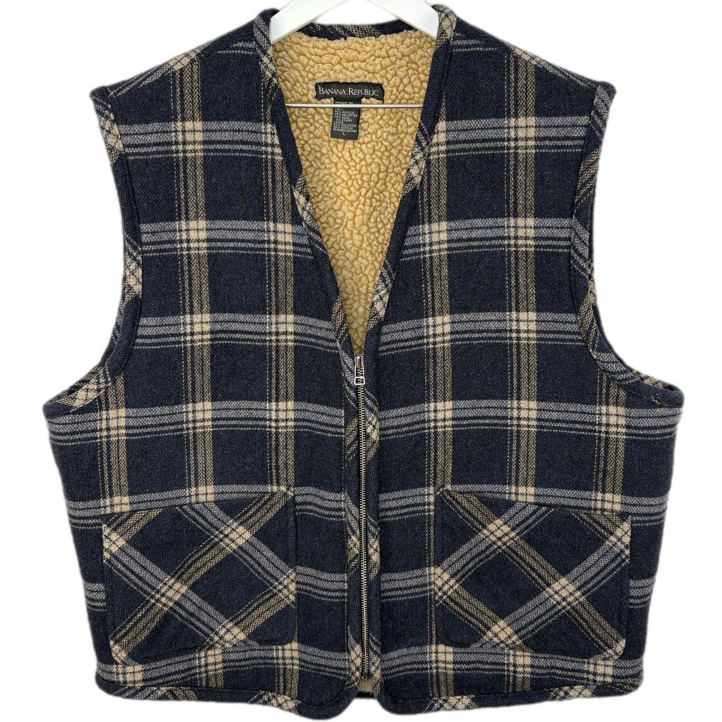 Vintage Wool Blend Flannel Plaid Sherpa Lined Vest - Men's Size L