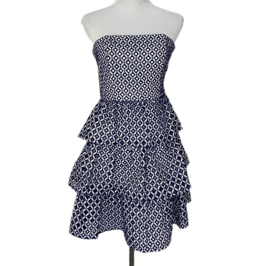 Sleeveless Navy Blue White Patterned Tiered Dress - Women's Size 2