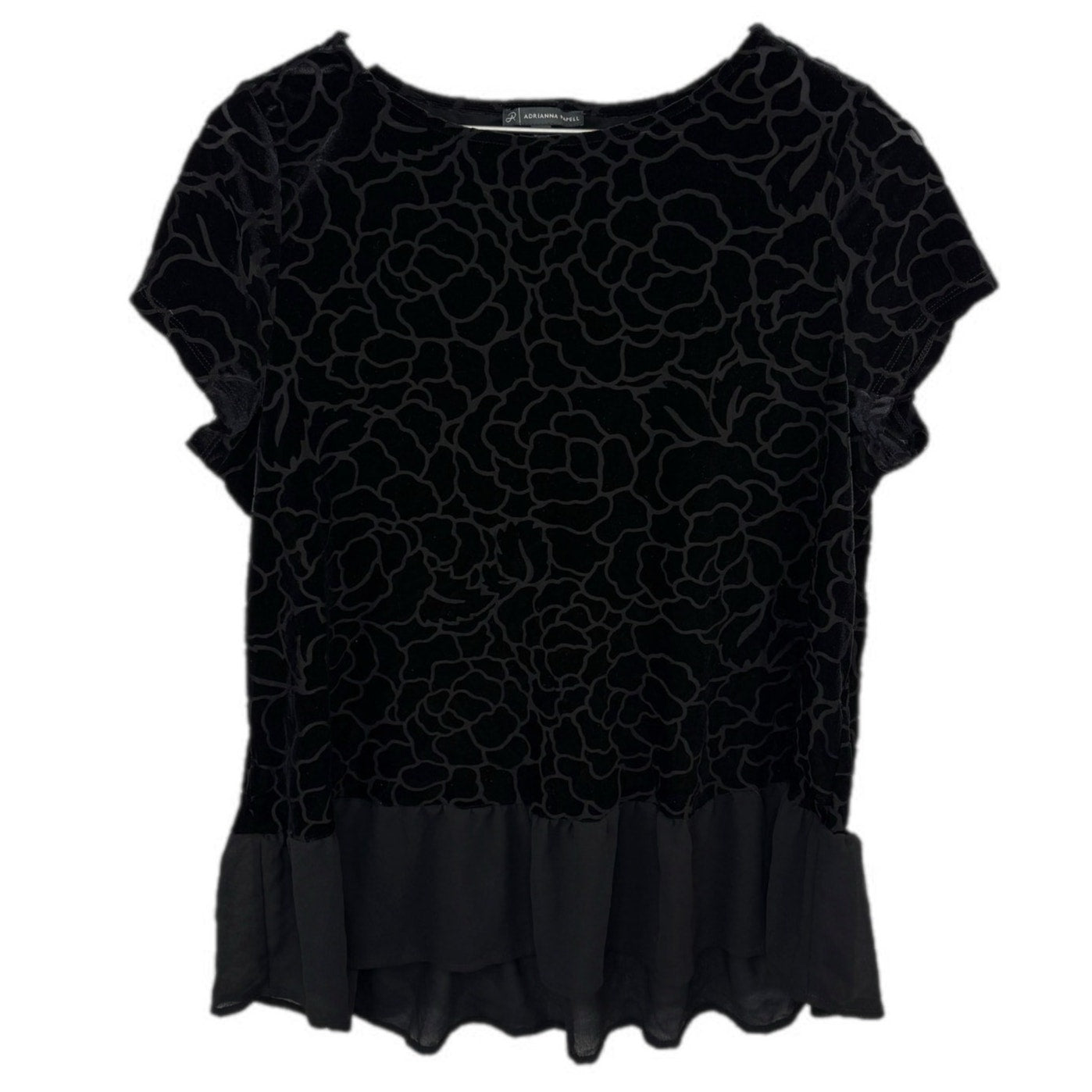 Adrianna Papell Black Flocked Velvet Ruffle Hem Top - Women's Size XL