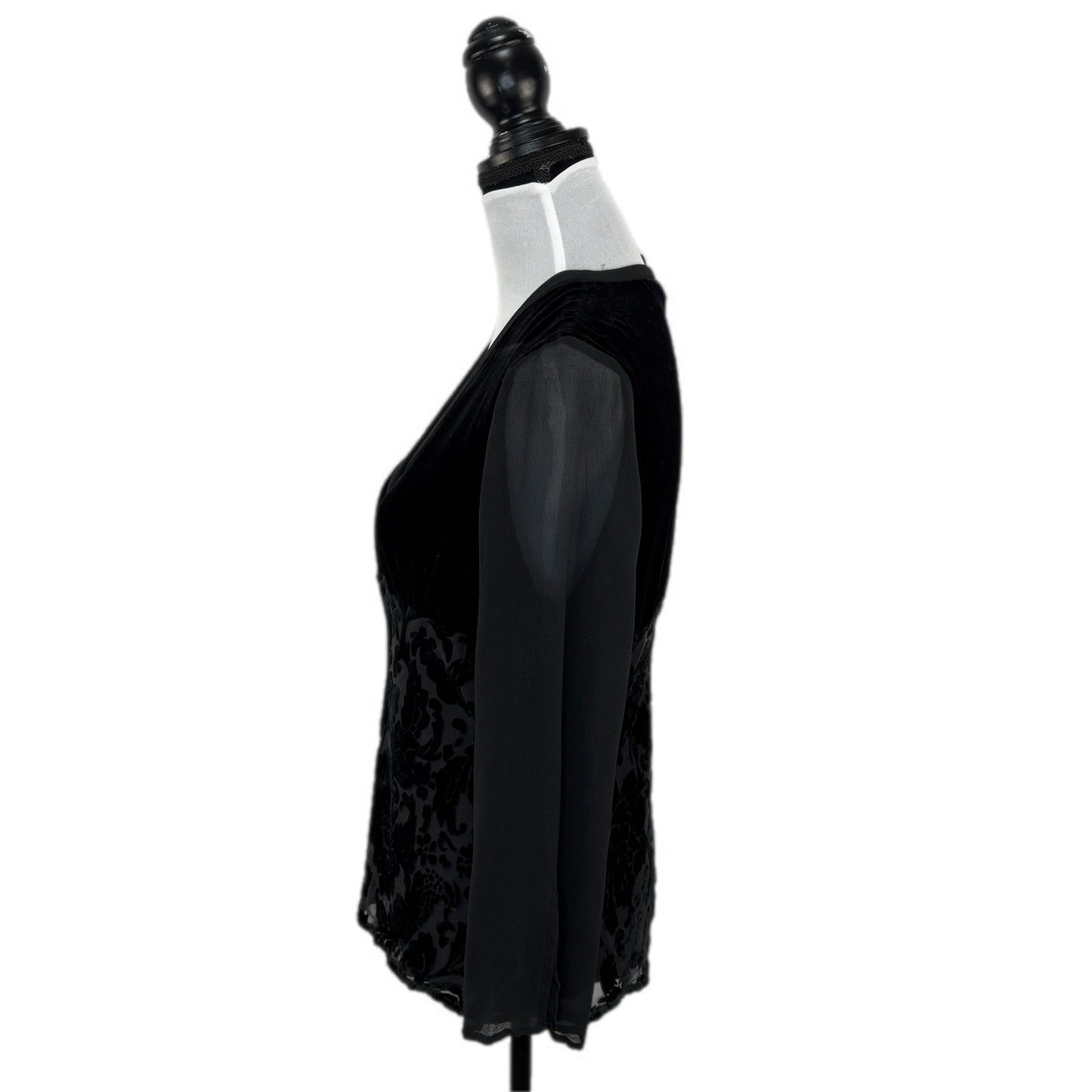 Silk Blend Black Whimsy Goth Flocked Sheer Sleeve Top - Women's Size 12