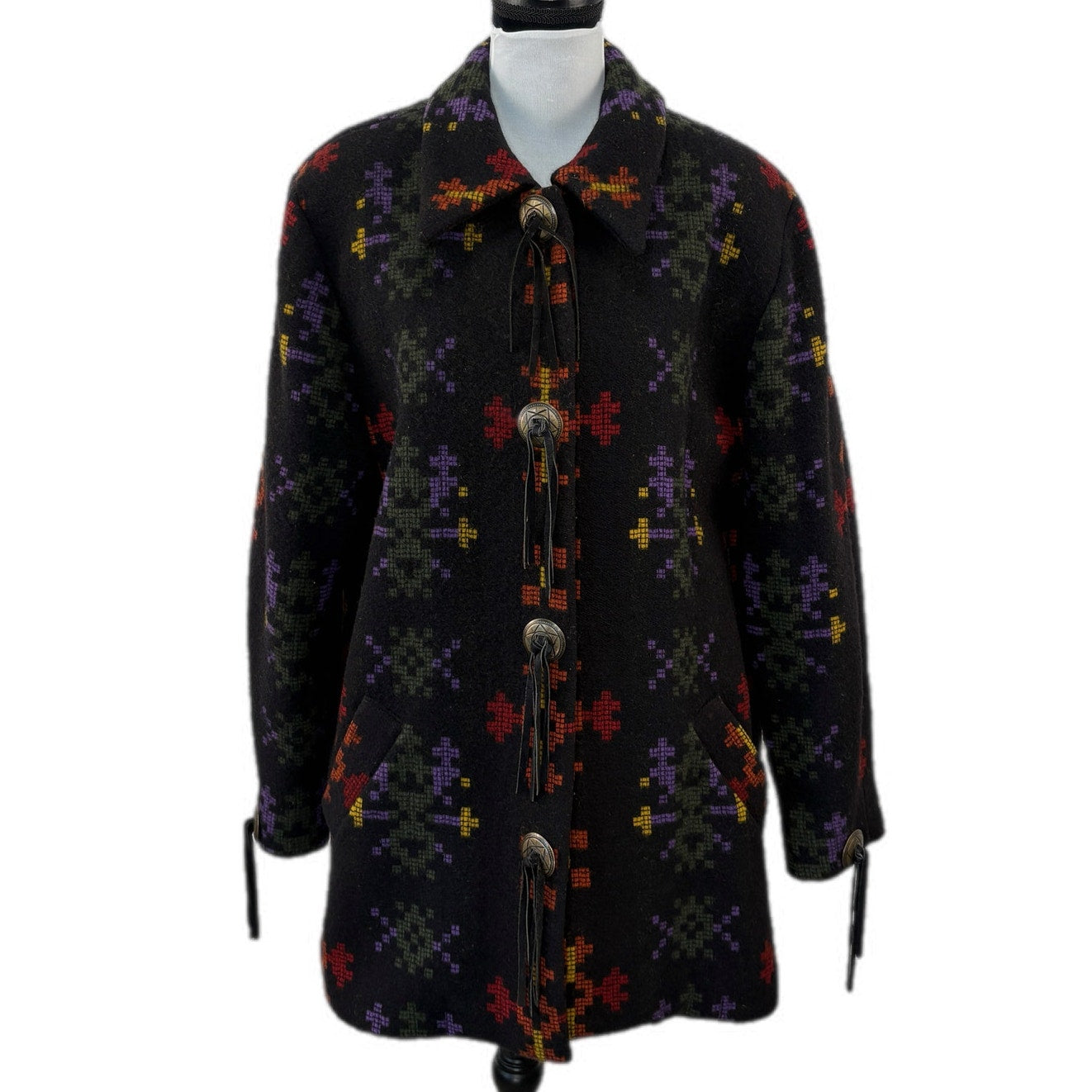 American Vintage Wool Blend Southwest Pattern Fringe Button Coat - Women's 14