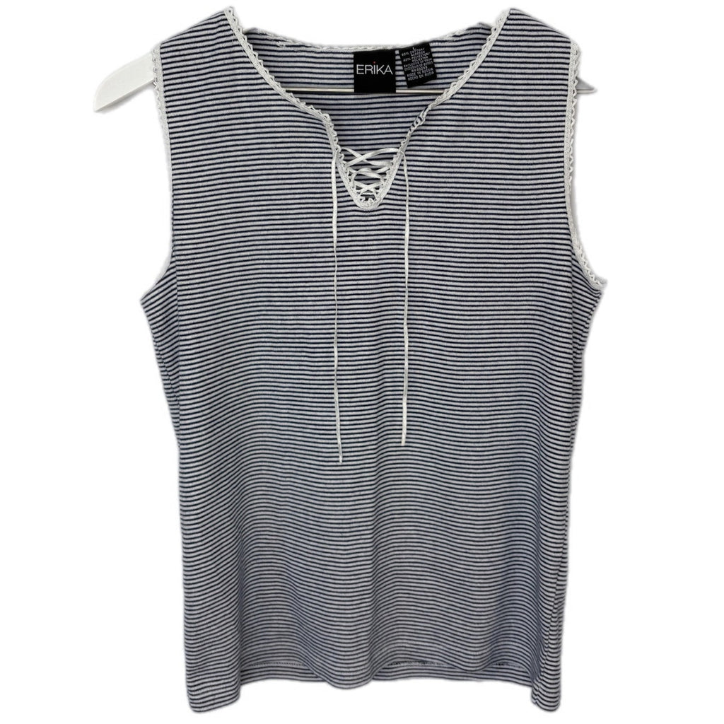 Navy Blue White Stripe Cute Laced V Neck Collar Tank Top - Women's L