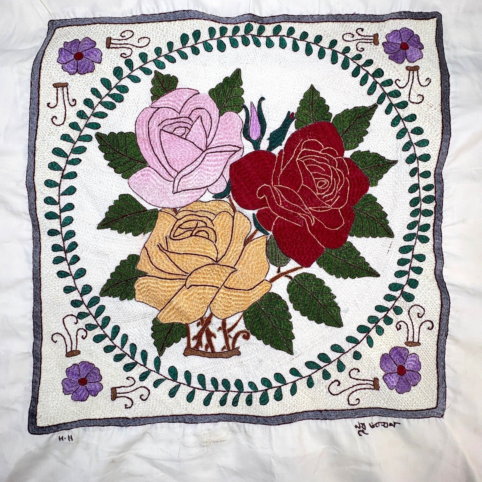 Vintage Hand Stitched Floral Tapestry