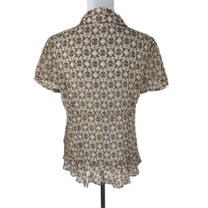 Sheer Paisley Ruffle Hem Short Sleeve Button Up Shirt - Women's Size L