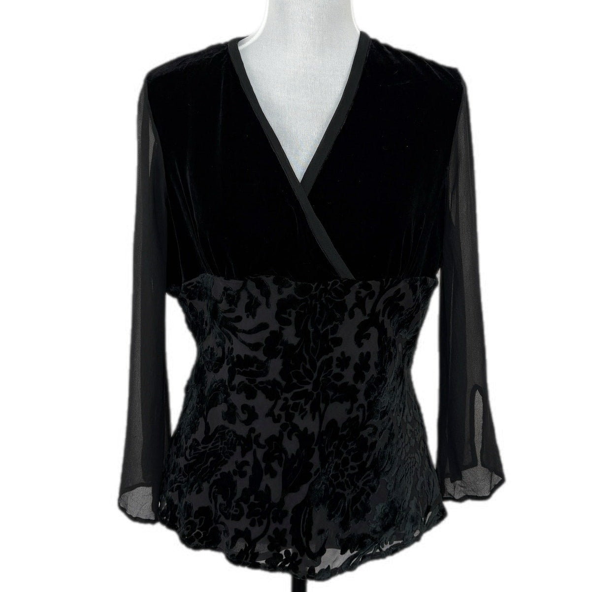 Silk Blend Black Whimsy Goth Flocked Sheer Sleeve Top - Women's Size 12