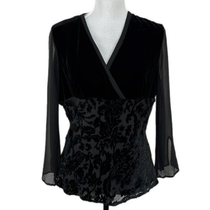 Silk Blend Black Whimsy Goth Flocked Sheer Sleeve Top - Women's Size 12