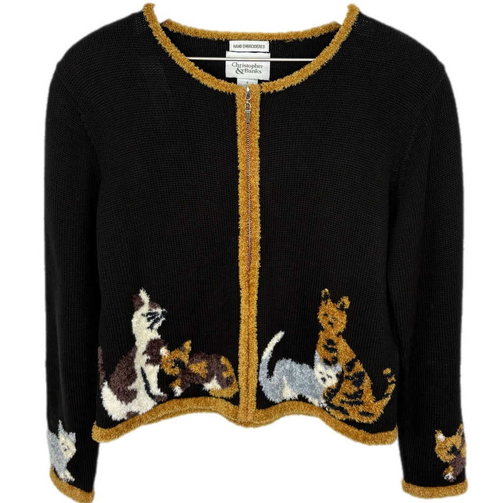 Vintage Cats Hand Embroidered Zip Up Cardigan - Women's Size S