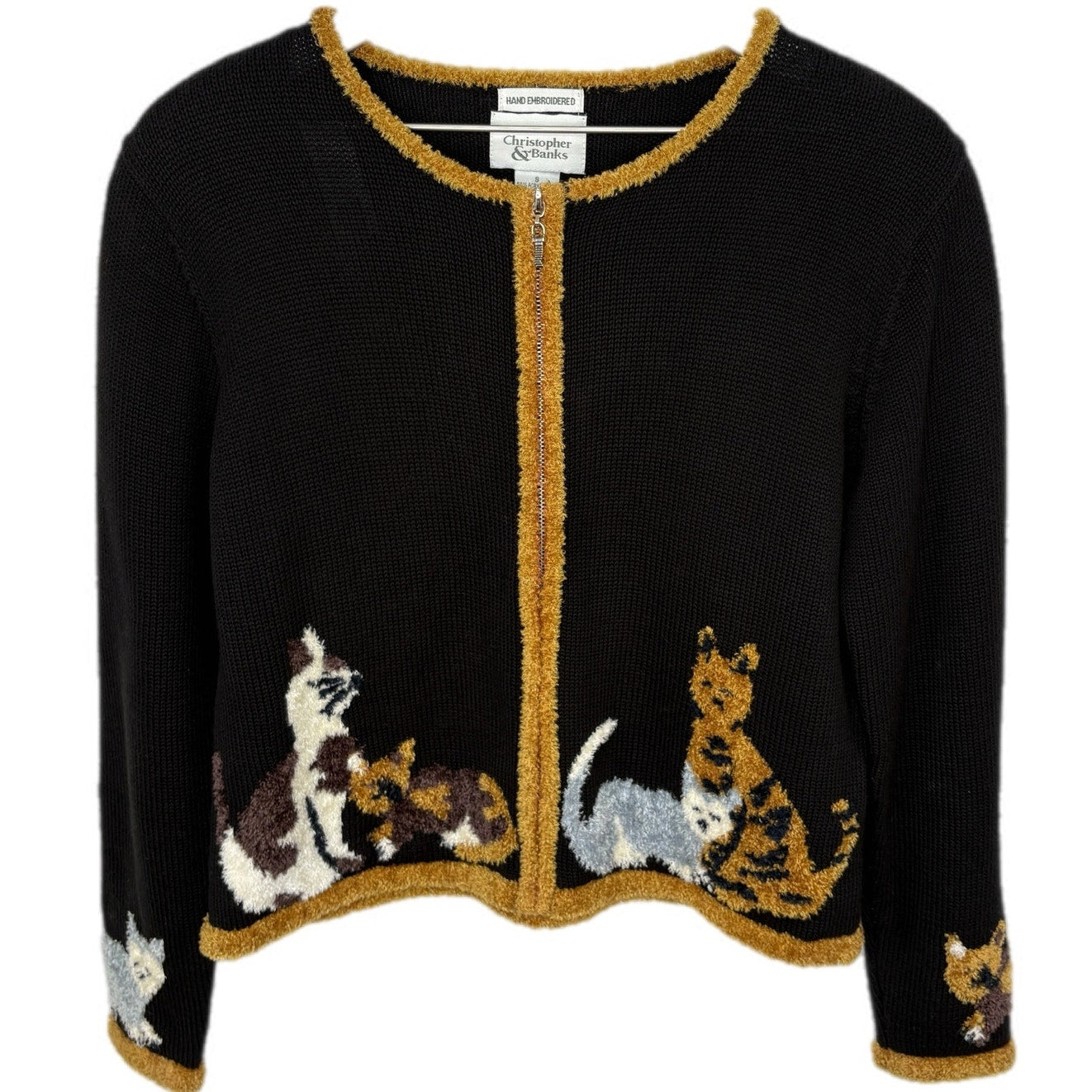 Vintage Cats Hand Embroidered Zip Up Cardigan - Women's Size S