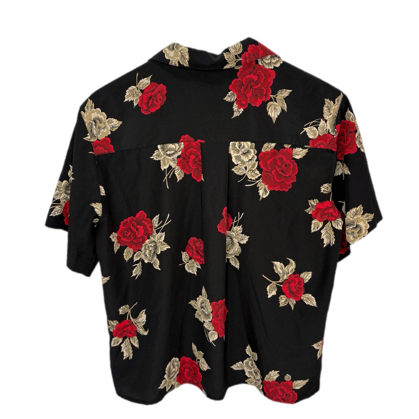 Vintage Black Red Floral Button Front Crop Shirt - Women's Size 12