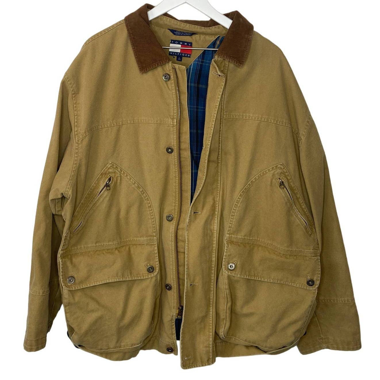 Y2K Tommy Hilfiger Long Khaki Canvas Flannel Lined Coat - Men's Size L